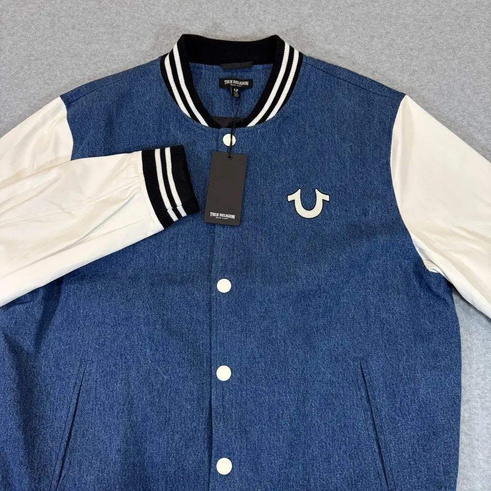 True Religion Mens Quad Buddha Denim Varsity Jacket Bomber Blue White L $239 NWT